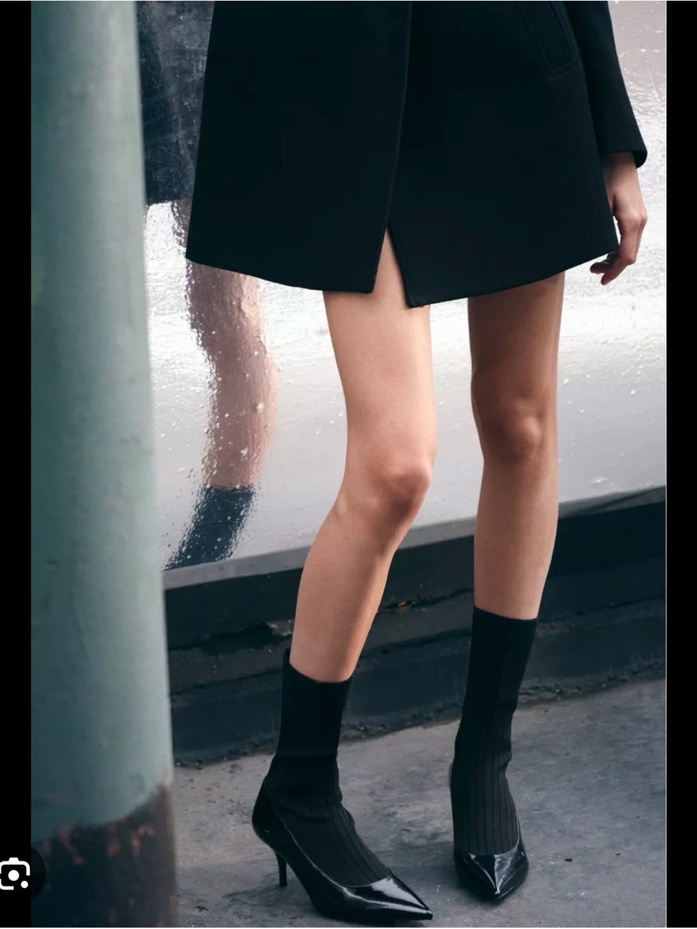 Zara Black Rib-Knit Sock Pointed-Toe Kitten Heel Boot